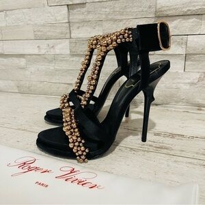 Roger Vivier Caviar Black Satin Bronze Embellished Shoes Sandals Size 36.5 NEW